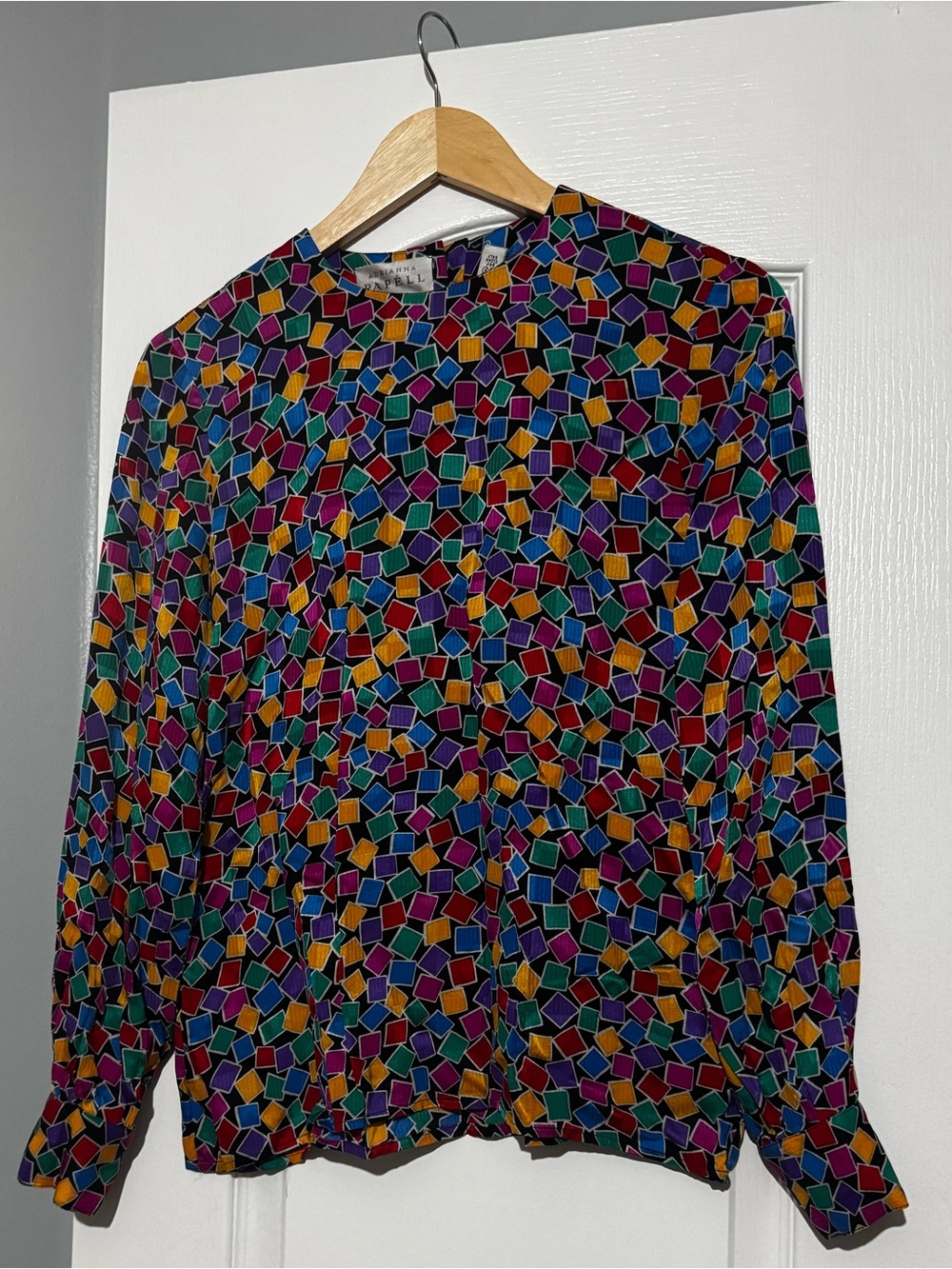 Vintage Silk Adrianna Papell Multicolor Geometric Long-Sleeve Blouse